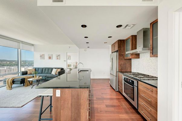 Interior, Kitchen, Living room, Recessed Lighting, Wood Texture Flooring