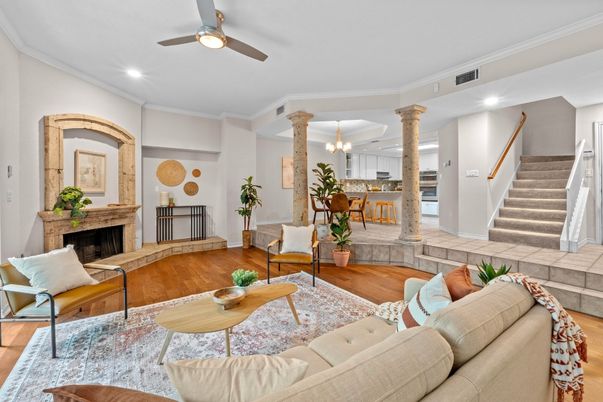 Chandelier, Dining room, Fireplace, Interior, Living room, Recessed Lighting, Wood Texture Flooring