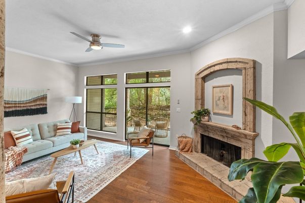 Fireplace, Interior, Living room, Recessed Lighting, Wood Texture Flooring