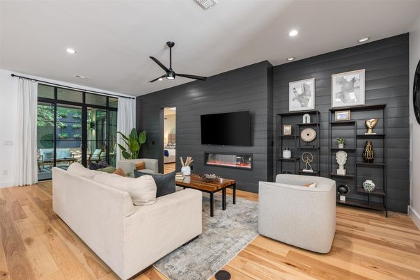 Fireplace, Interior, Living room, Recessed Lighting, Wood Texture Flooring