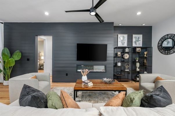 Fireplace, Interior, Living room, Recessed Lighting, Wood Texture Flooring