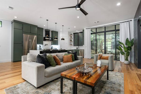 Interior, Kitchen, Living room, Pendant Lights, Recessed Lighting, Stainless Steel Appliances, Wood Texture Flooring