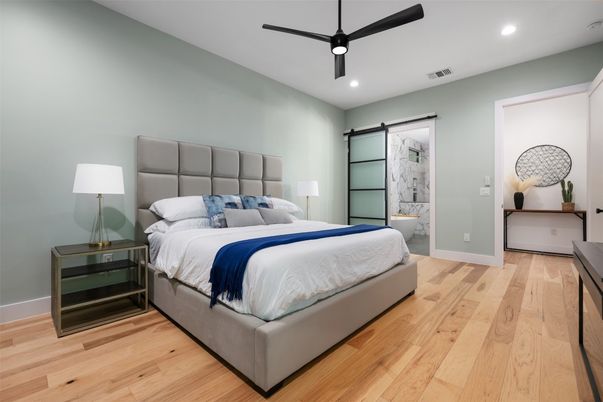 Bedroom, Interior, Recessed Lighting, Wood Texture Flooring