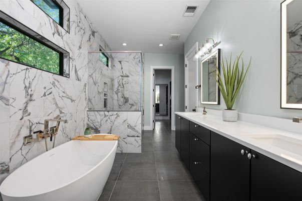 Bathroom, Dual Sink Vanities, Free Standing Baths, Interior, Marble Walls, Recessed Lighting