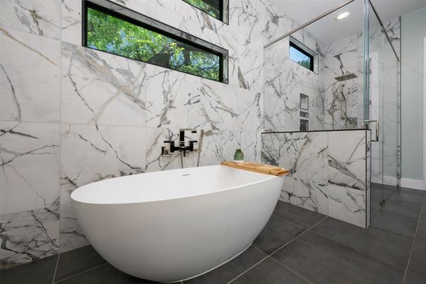 Bathroom, Free Standing Baths, Glass Shower, Interior, Marble Walls, Recessed Lighting
