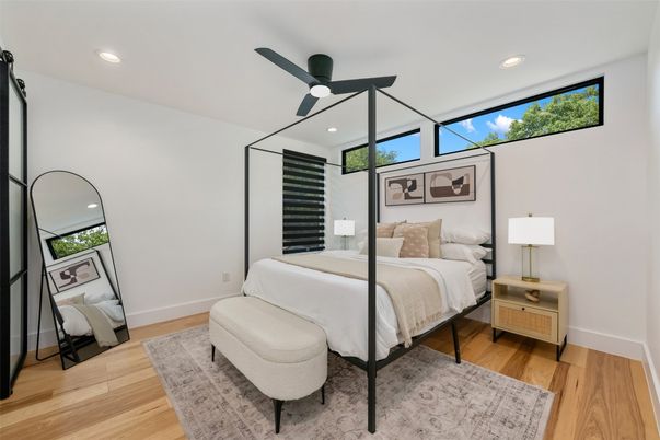 Bedroom, Interior, Recessed Lighting, Wood Texture Flooring