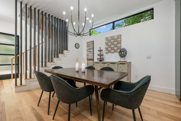 Dining room, Interior, Pendant Lights, Wood Texture Flooring