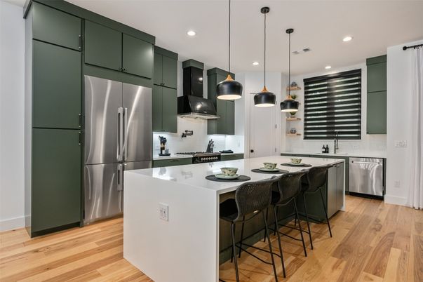 Interior, Kitchen, Pendant Lights, Recessed Lighting, Stainless Steel Appliances, Wood Texture Flooring