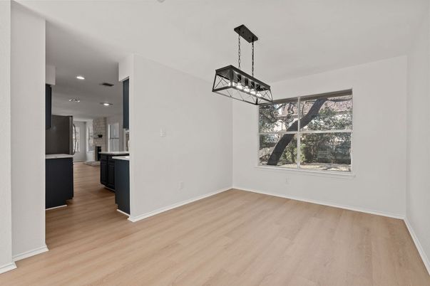 Empty room, Interior, Kitchen, Pendant Lights, Recessed Lighting, Wood Texture Flooring