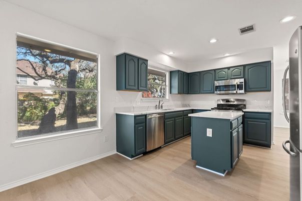 Interior, Kitchen, Recessed Lighting, Stainless Steel Appliances, Wood Texture Flooring