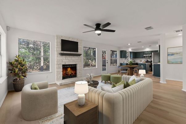 Dining room, Fireplace, Interior, Kitchen, Living room, Recessed Lighting, Wood Texture Flooring