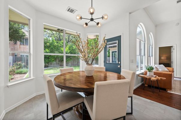 Dining room, Interior, Living room, Pendant Lights, Wood Texture Flooring