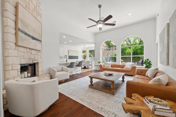 Dining room, Fireplace, Interior, Kitchen, Living room, Pendant Lights, Recessed Lighting, Stone Walls, Wood Texture Flooring