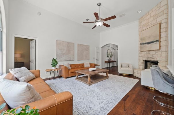 Fireplace, Interior, Living room, Stone Walls, Wood Texture Flooring
