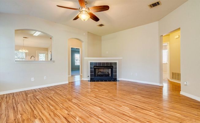 Empty room, Fireplace, Interior, Pendant Lights, Wood Texture Flooring