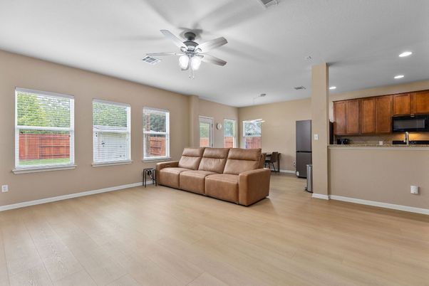 Interior, Kitchen, Living room, Recessed Lighting, Wood Texture Flooring