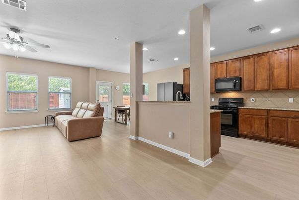 Interior, Kitchen, Living room, Recessed Lighting, Stainless Steel Appliances, Wood Texture Flooring