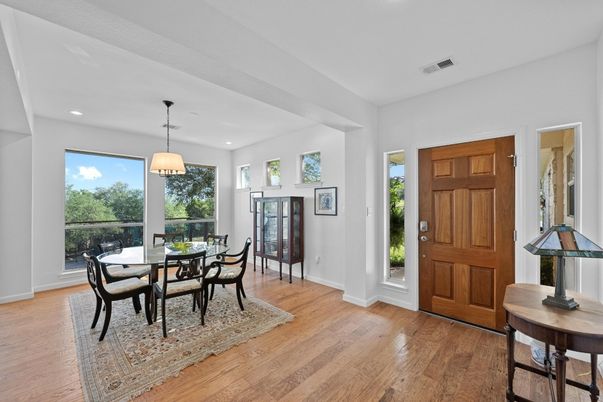 Dining room, Interior, Pendant Lights, Recessed Lighting, Wood Texture Flooring