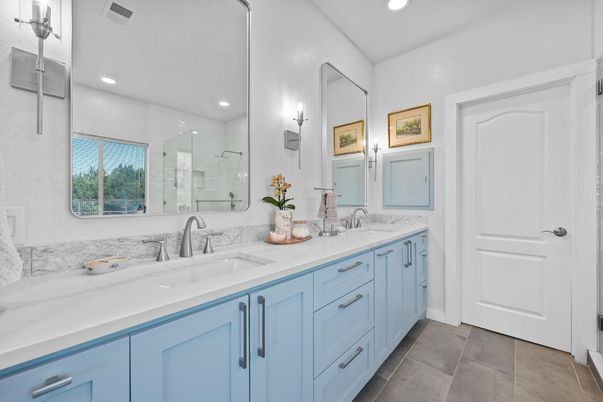 Bathroom, Dual Sink Vanities, Glass Shower, Interior, Recessed Lighting