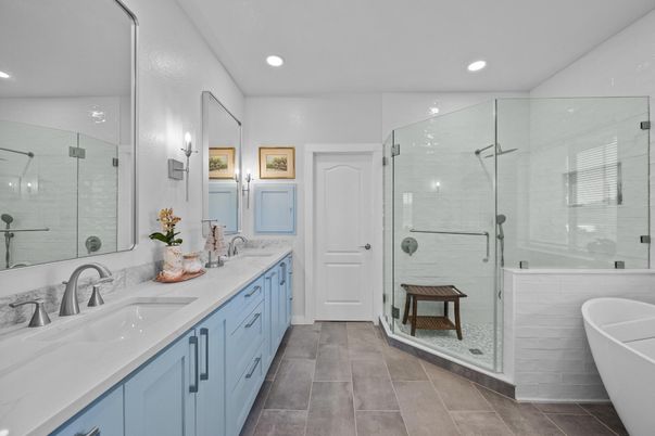 Bathroom, Dual Sink Vanities, Free Standing Baths, Glass Shower, Interior, Recessed Lighting