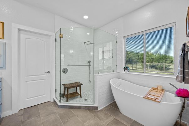 Bathroom, Free Standing Baths, Glass Shower, Interior, Recessed Lighting