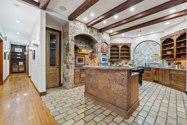 Fireplace, Interior, Recessed Lighting, Stone Walls, Wooden Beams, Wood Texture Flooring