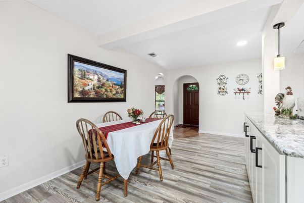 Dining room, Interior, Pendant Lights, Recessed Lighting, Wood Texture Flooring