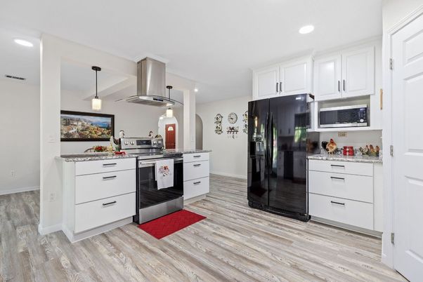Interior, Kitchen, Pendant Lights, Recessed Lighting, Wood Texture Flooring
