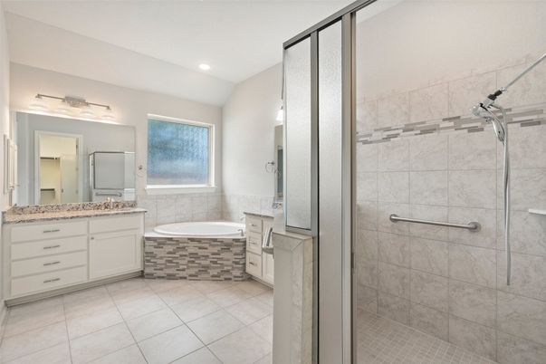 Bathroom, Dual Sink Vanities, Glass Shower, Interior, Recessed Lighting