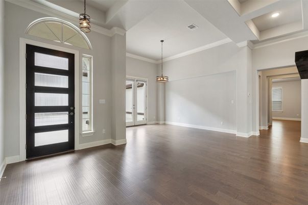Empty room, Interior, Pendant Lights, Recessed Lighting, Wood Texture Flooring