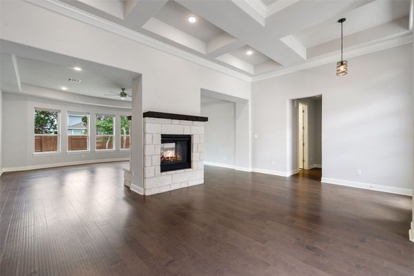 Empty room, Fireplace, Interior, Pendant Lights, Recessed Lighting, Wood Texture Flooring
