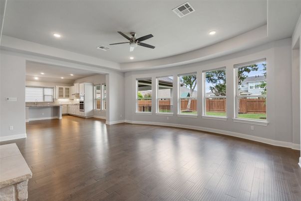 Empty room, Interior, Kitchen, Recessed Lighting, Wood Texture Flooring