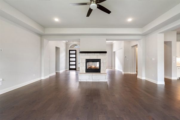 Empty room, Fireplace, Interior, Recessed Lighting, Wood Texture Flooring