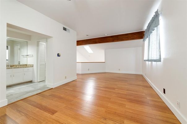 Bathroom, Empty room, Interior, Recessed Lighting, Wooden Beams, Wood Texture Flooring