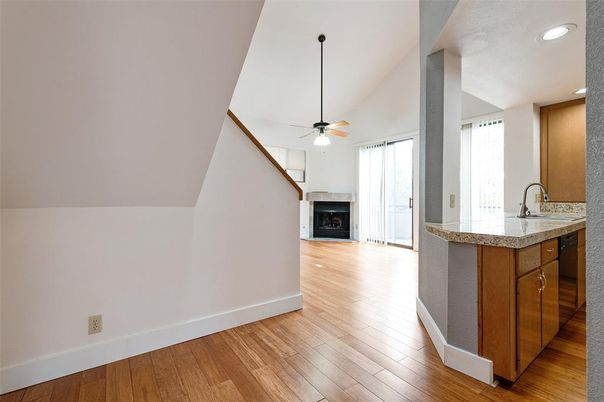 Fireplace, Interior, Recessed Lighting, Wood Texture Flooring