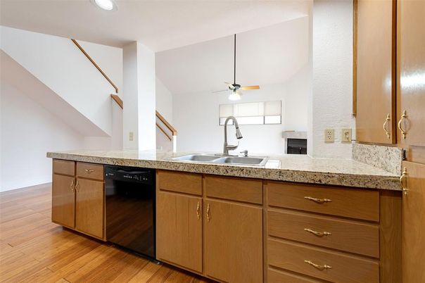 Fireplace, Interior, Kitchen, Recessed Lighting, Wood Texture Flooring