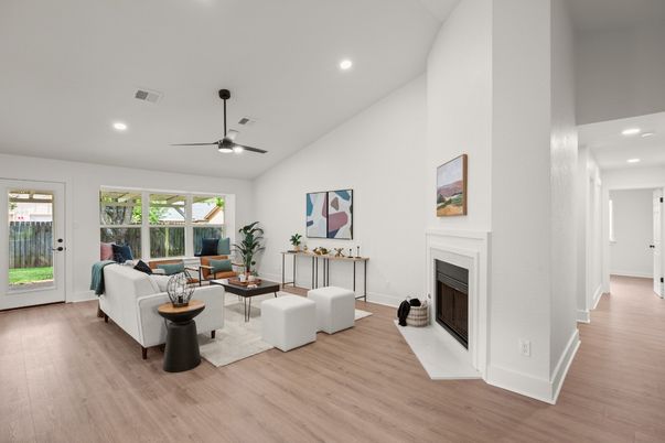 Fireplace, Interior, Living room, Recessed Lighting, Wood Texture Flooring
