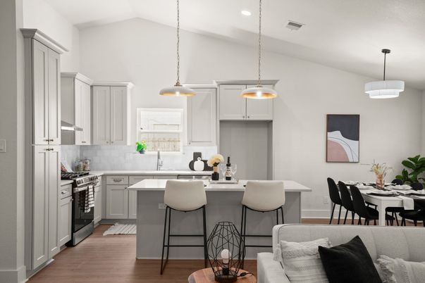 Dining room, Interior, Kitchen, Pendant Lights, Recessed Lighting, Wood Texture Flooring