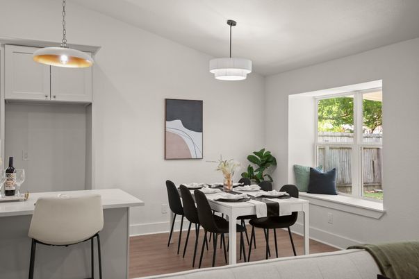 Dining room, Interior, Pendant Lights, Wood Texture Flooring
