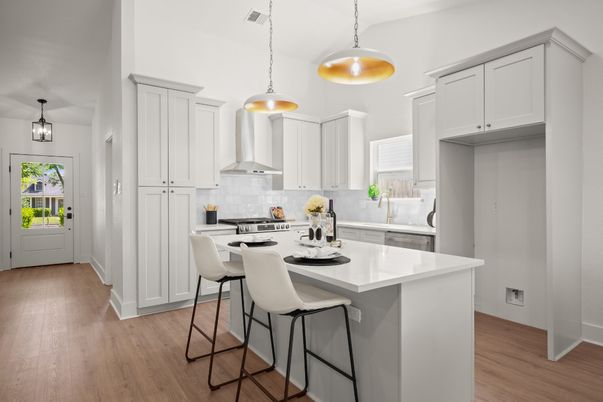 Interior, Kitchen, Pendant Lights, Wood Texture Flooring