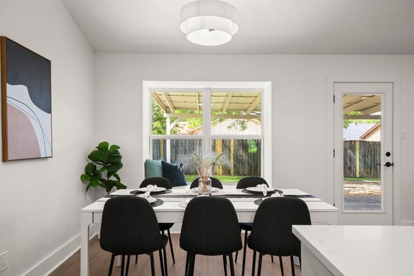 Dining room, Interior, Pendant Lights, Wood Texture Flooring