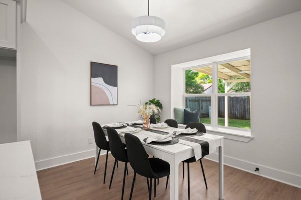 Dining room, Interior, Pendant Lights, Wood Texture Flooring