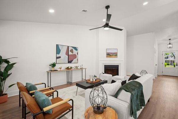Fireplace, Interior, Living room, Pendant Lights, Recessed Lighting, Wood Texture Flooring