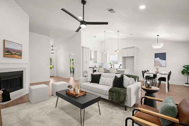 Dining room, Fireplace, Interior, Kitchen, Living room, Pendant Lights, Recessed Lighting, Wood Texture Flooring