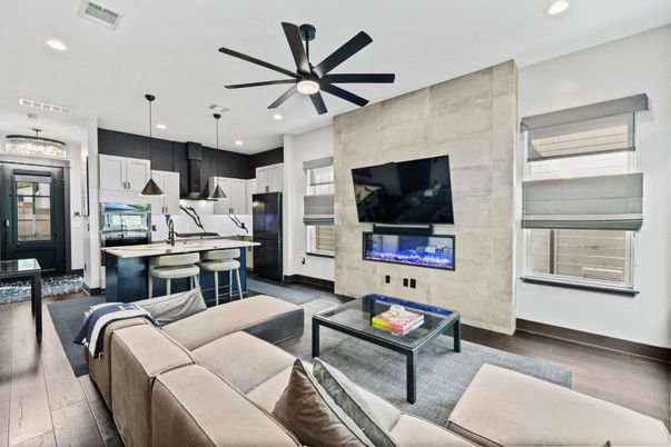 Interior, Kitchen, Living room, Pendant Lights, Recessed Lighting, Stainless Steel Appliances, Wood Texture Flooring