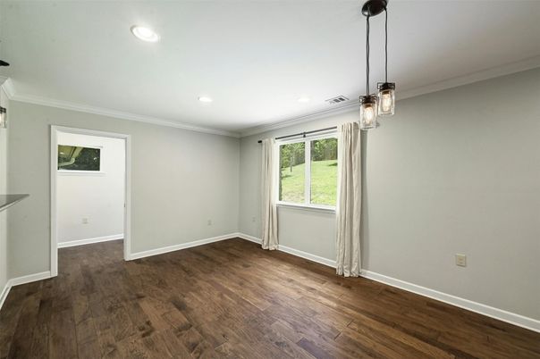 Empty room, Interior, Pendant Lights, Recessed Lighting, Wood Texture Flooring