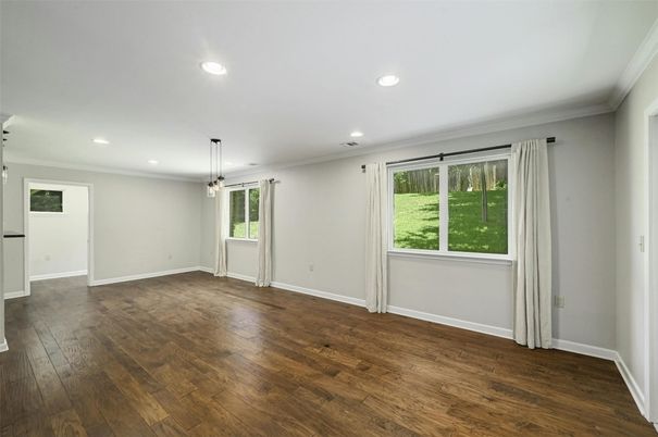 Empty room, Interior, Pendant Lights, Recessed Lighting, Wood Texture Flooring