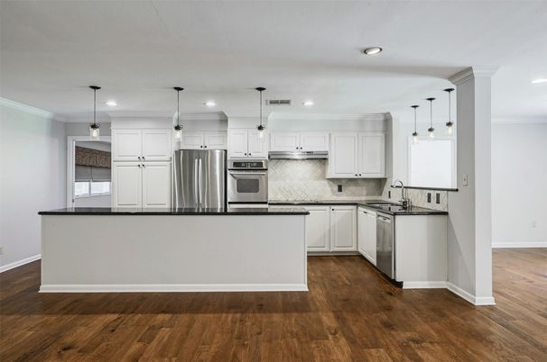 Interior, Kitchen, Pendant Lights, Recessed Lighting, Stainless Steel Appliances, Wood Texture Flooring