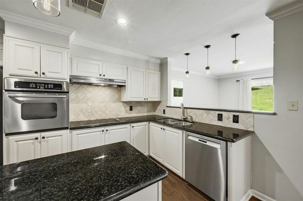 Interior, Kitchen, Pendant Lights, Recessed Lighting, Stainless Steel Appliances, Wood Texture Flooring