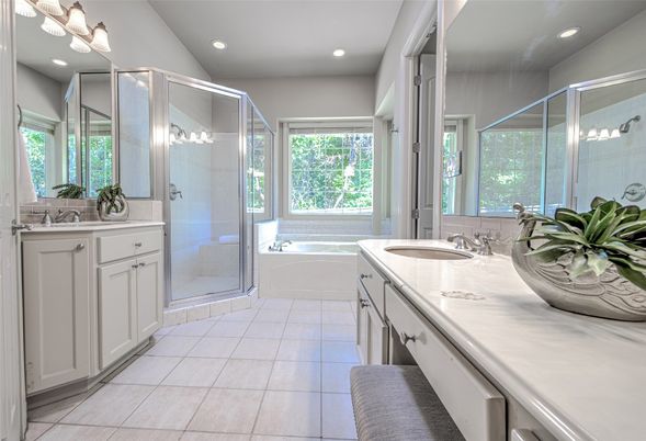 Bathroom, Dual Sink Vanities, Glass Shower, Interior, Recessed Lighting
